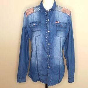 Denim Ombré Long Sleeves Shirt S Patriotic Snaps Up UK Flag and Buttons